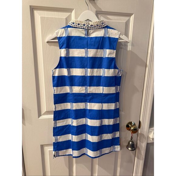 Sail To Sable Blue & White Stripe Crochet Square Neck Crochet Trim Sleeveless Re - Picture 5 of 6